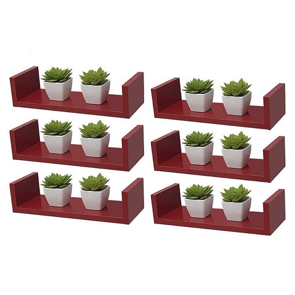 Kit 6 Prateleiras U 40 x 20cm Vermelha Suporte Invisível