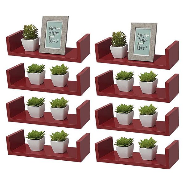 Kit 8 Prateleiras U 40 x 20cm Vermelha Suporte Invisível