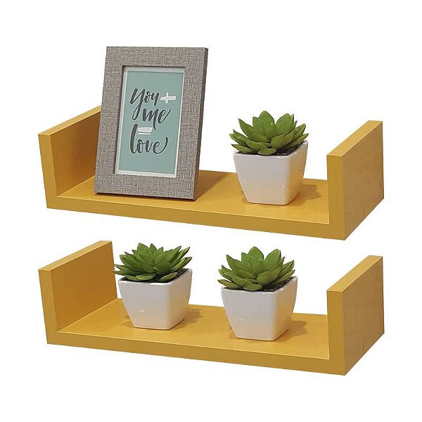 Kit 2 Prateleiras U 50 x 10cm Amarela Suporte Invisível