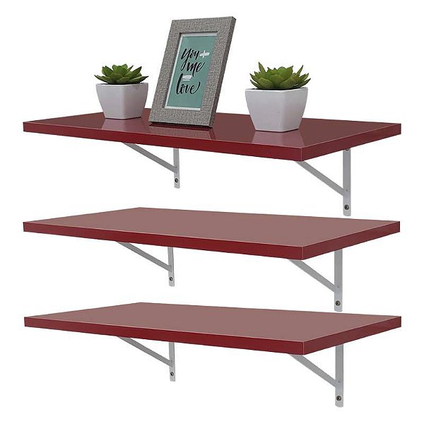 Kit 3 Prateleiras 70 x 30cm Vermelha Com Mão Francesa