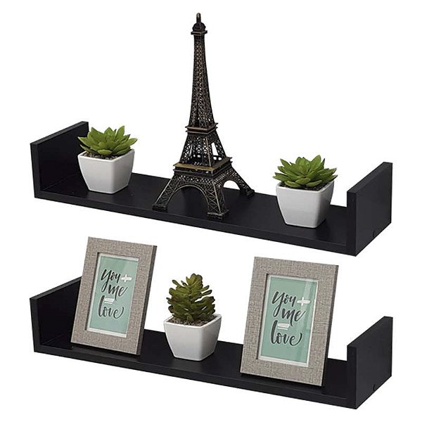 Kit 2 Prateleiras U 80 x 10cm Preta Suporte Invisível