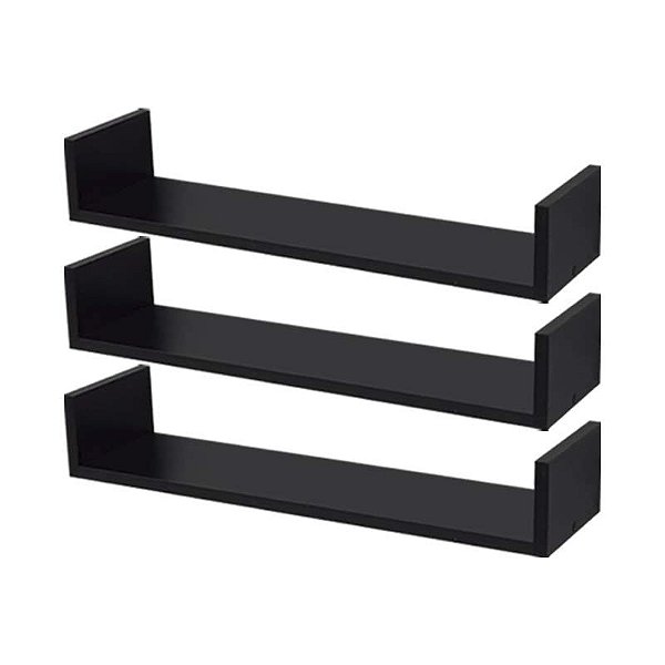 Kit 3 Prateleiras U 100 x 20cm Preta Suporte Invisível