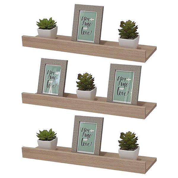 Kit 3 Prateleiras Porta Quadros 90 x 15cm Carvalho Suporte Invisível