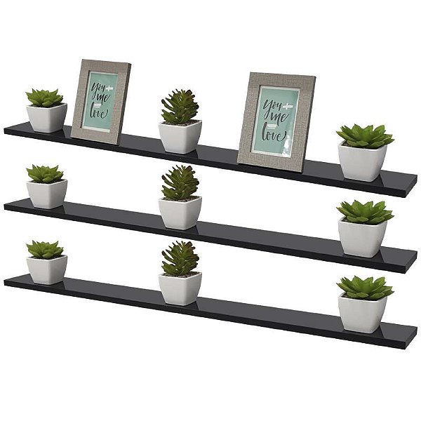 Kit 3 Prateleiras 90 x 15cm Preta Suporte Invisível