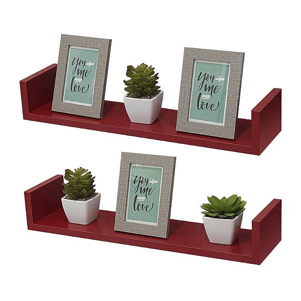 Kit 2 Prateleiras U 90 x 20cm Vermelha Suporte Invisível