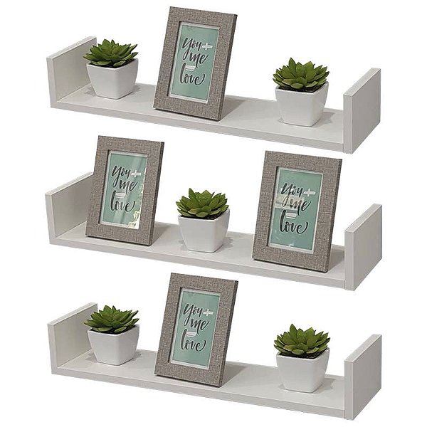 Kit 3 Prateleiras U 90 x 25cm Branca Suporte Invisível