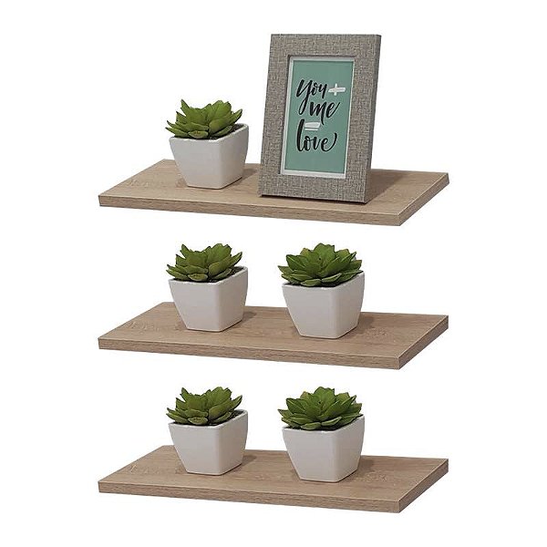 Kit 3 Prateleiras 30 x 10cm Carvalho Suporte Invisível