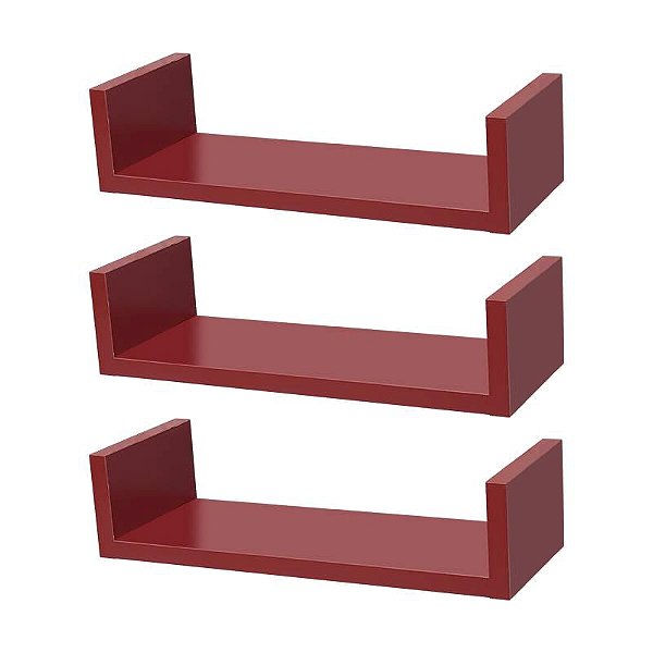 Kit 3 Prateleiras U 30 x 10cm Vermelha Suporte Invisível