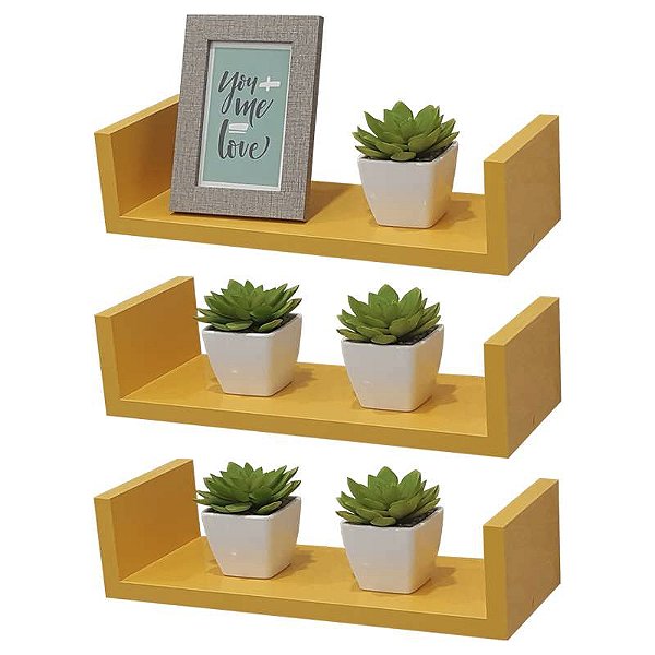 Kit 3 Prateleiras U 30 x 15cm Amarela Suporte Invisível