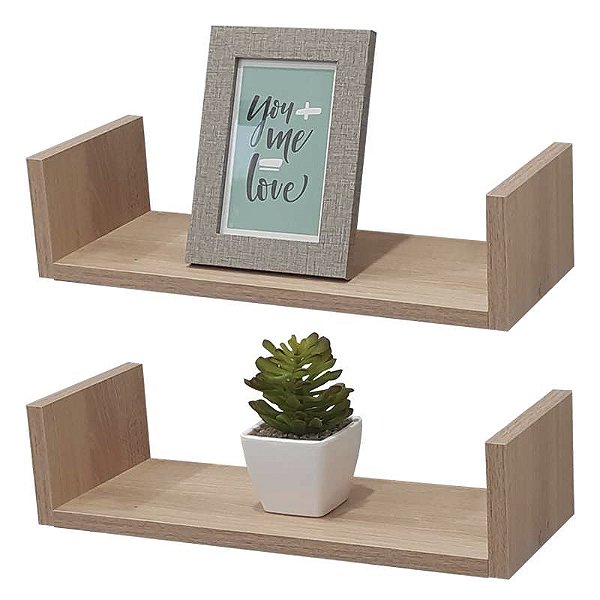 Kit 2 Prateleiras U 30 x 15cm Carvalho Suporte Invisível