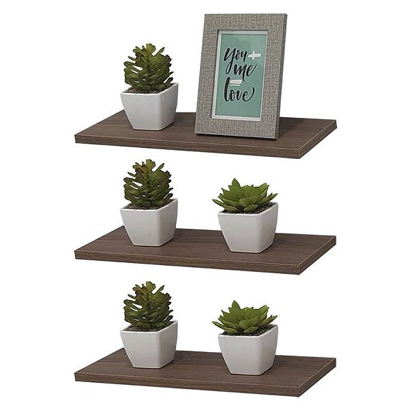 Kit 3 Prateleiras 30 x 15cm Nogal Suporte Invisível