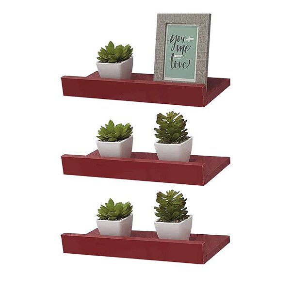 Kit 3 Prateleiras Porta Quadros 30 x 15cm Vermelha Suporte Invisível