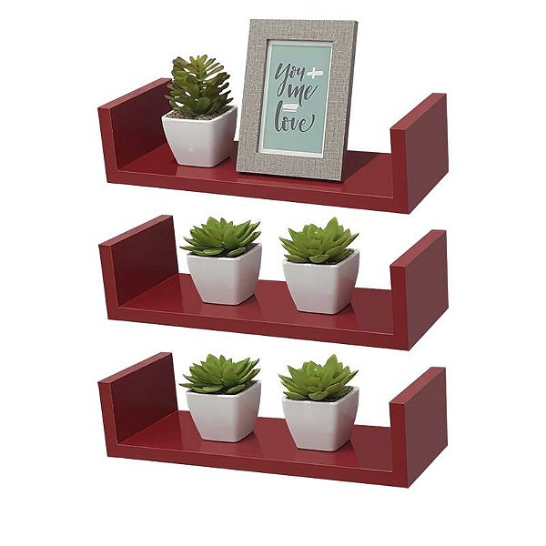 Kit 3 Prateleiras U 30 x 15cm Vermelha Suporte Invisível