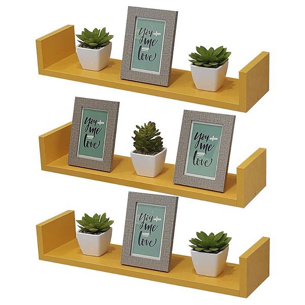 Kit 3 Prateleiras U 100 x 15cm Amarela Suporte Invisível