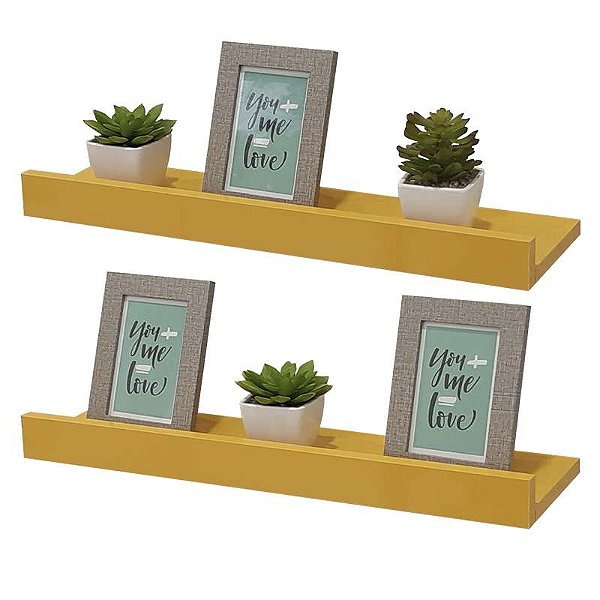 Kit 2 Prateleiras Porta Quadros 50 x 15cm Amarela Suporte Invisível