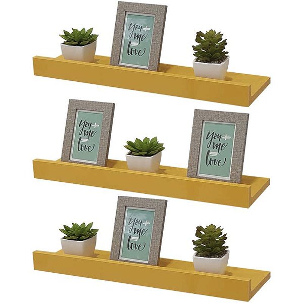 Kit 3 Prateleiras Porta Quadros 50 x 15cm Amarela Suporte Invisível