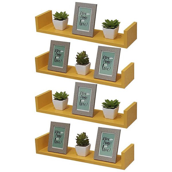 Kit 4 Prateleiras U 50 x 15cm Amarela Suporte Invisível