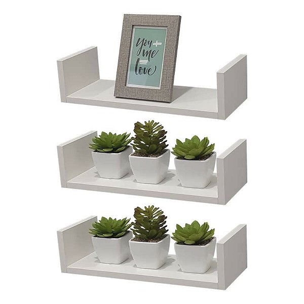 Kit 3 Prateleiras U 50 x 15cm Branca Suporte Invisível