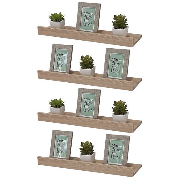 Kit 4 Prateleiras Porta Quadros 50 x 15cm Carvalho Suporte Invisível