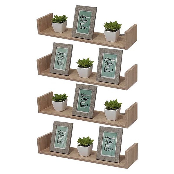 Kit 4 Prateleiras U 50 x 15cm Carvalho Suporte Invisível