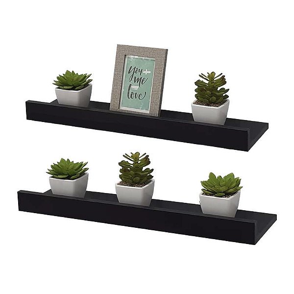 Kit 2 Prateleiras Porta Quadros 50 x 15cm Preta Suporte Invisível