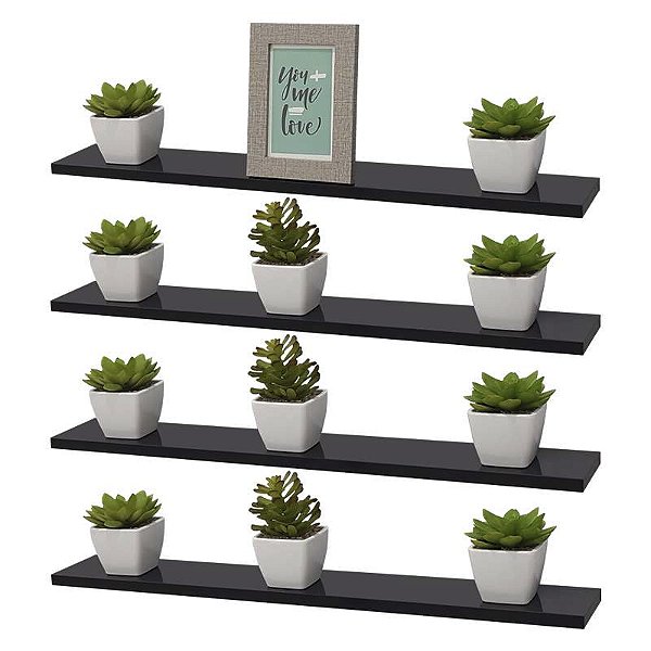 Kit 4 Prateleiras 50 x 15cm Preta Suporte Invisível