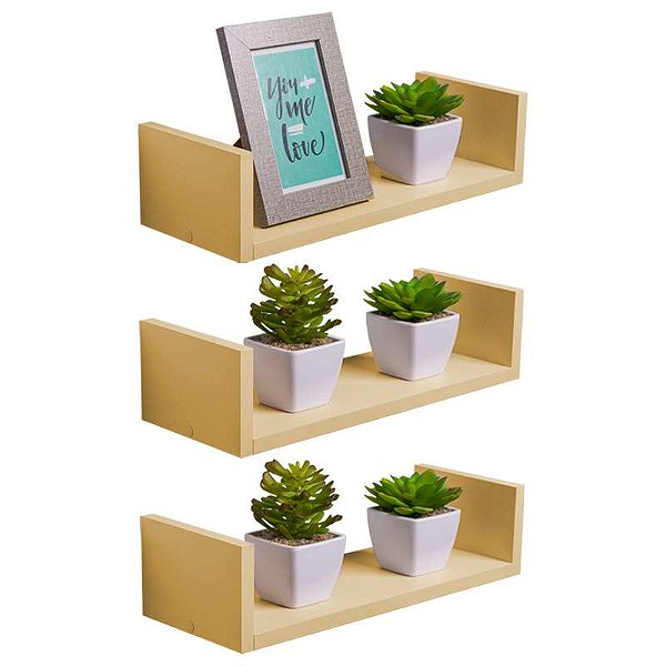 Kit 3 Prateleiras U 30 x 15cm Bege Claro Suporte Invisível