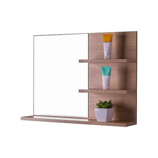 Espelho para Banheiro com Prateleiras Lugano Carvalho 60 x 45cm
