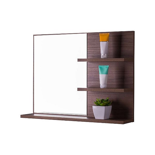 Espelho para Banheiro com Prateleiras Lugano Nogal 60 x 45cm