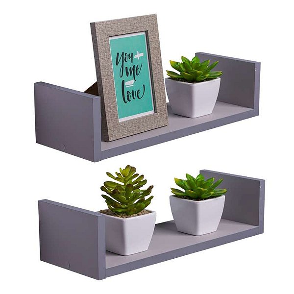 Kit 2 Prateleiras U 30 x 15cm Cinza Claro Suporte Invisível