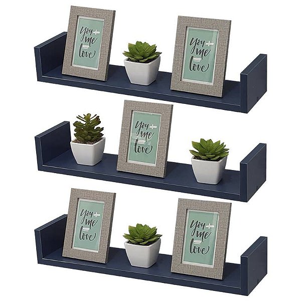 Kit 3 Prateleiras U 90 x 15cm azul Suporte Invisível