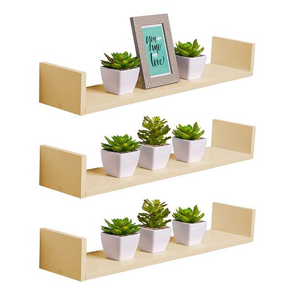 Kit 3 Prateleiras U 70 x 10cm Bege Claro Suporte Invisível