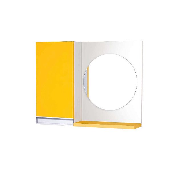 Armário para Banheiro com Espelho Redondo Amarelo com Puxador de Metal