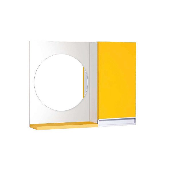 Espelho Redondo para Banheiro com Armário Amarelo com Puxador de Metal