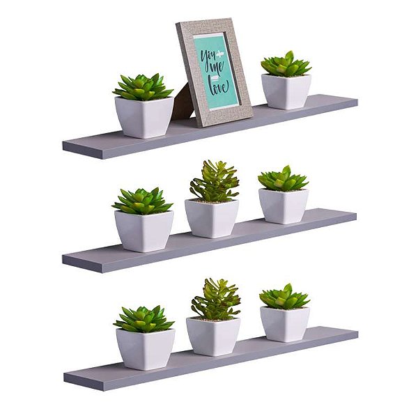 Kit 3 Prateleiras 70 x 15cm Cinza Claro Suporte Invisível