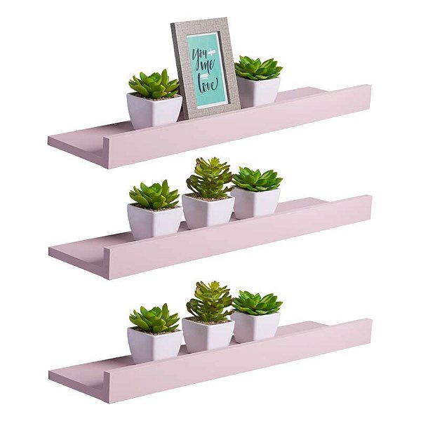 Kit 3 Prateleiras Porta Quadros 70 x 15cm Rosa Claro Suporte Invisível