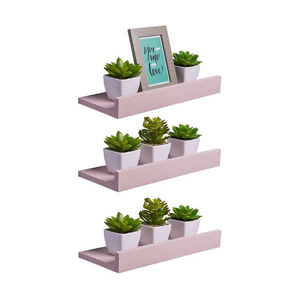 Kit 3 Prateleiras Porta Quadros 40 x 10cm Rosa Claro Suporte Invisível