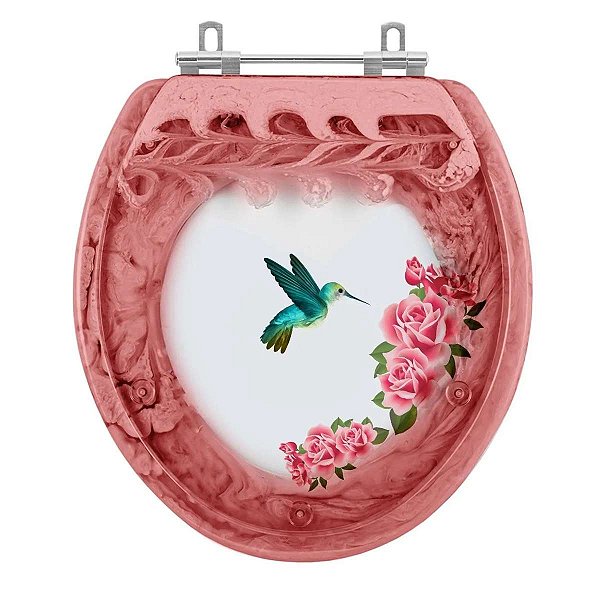 Assento Sanitário Poliéster Oval Rosa Decorada Beija Flor