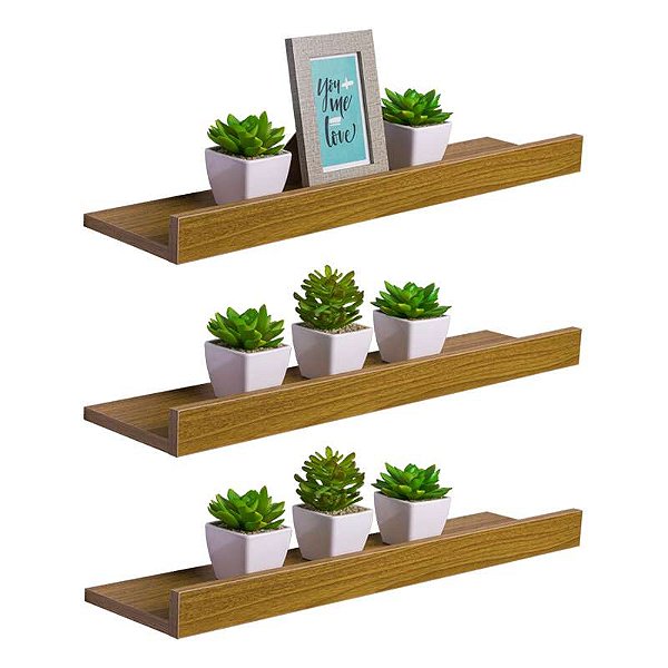 Kit 3 Prateleiras Porta Quadros 80 x 15cm Freijó Suporte Invisível