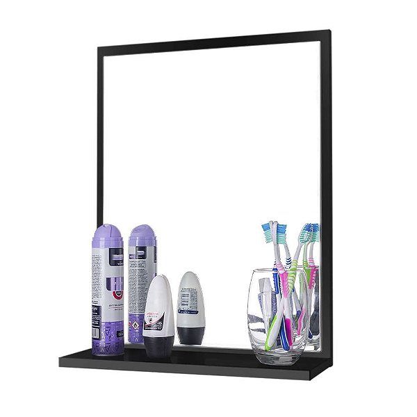 Espelho para Banheiro Boreal 46 x 35cm Preto com Prateleira