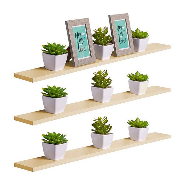 Kit 3 Prateleiras 100 x 10cm Bege Claro Suporte Invisível