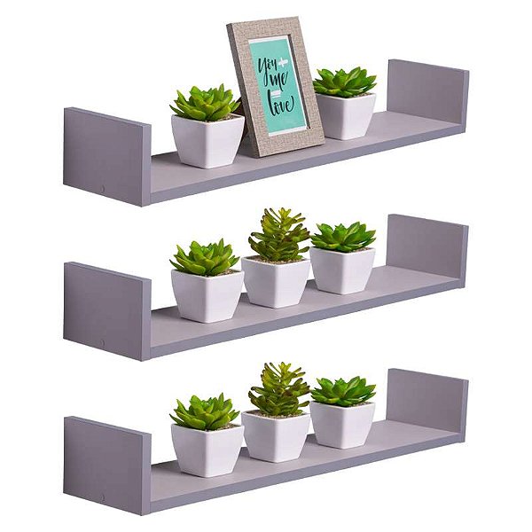 Kit 3 Prateleiras U 100 x 15cm Cinza Claro Suporte Invisível