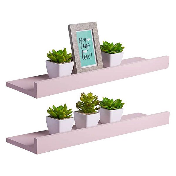 Kit 2 Prateleiras Porta Quadros 100 x 15cm Rosa Claro Suporte Invisível