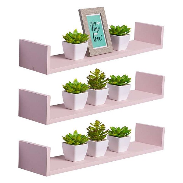 Kit 3 Prateleiras U 100 x 15cm Rosa Claro Suporte Invisível