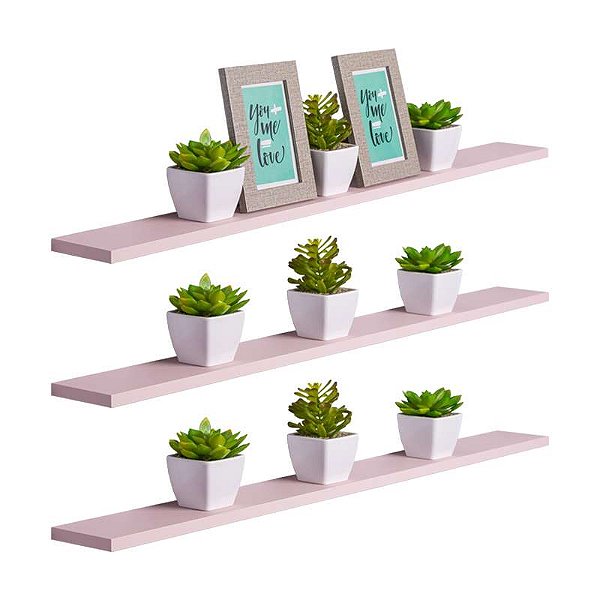Kit 3 Prateleiras 80 x 20cm Rosa Claro Suporte Invisível