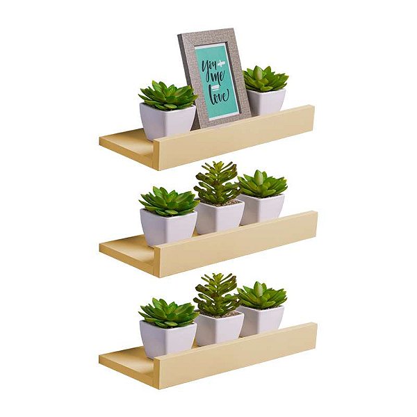 Kit 3 Prateleiras Porta Quadros 50 x 15cm Bege Claro Suporte Invisível