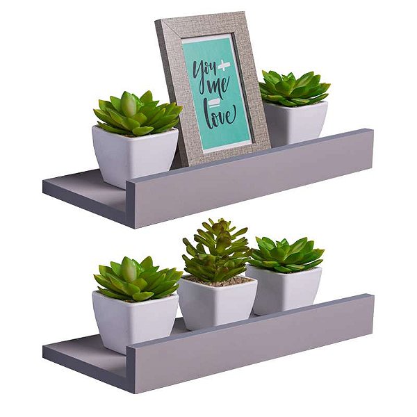 Kit 2 Prateleiras Porta Quadros 50 x 10cm Cinza Claro Suporte Invisível