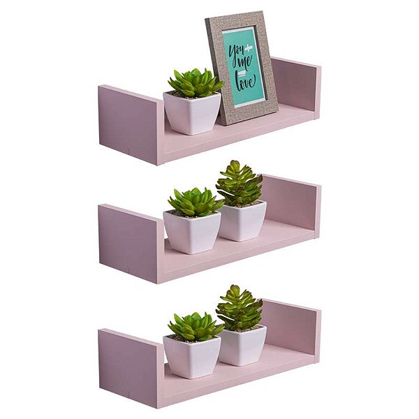 Kit 3 Prateleiras U 50 x 10cm Rosa Claro Suporte Invisível