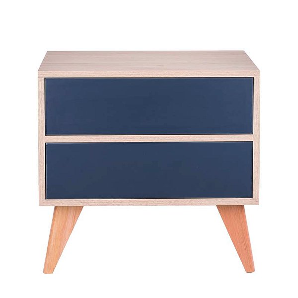 Mesa de Cabeceira Retrô com Portas Bréscia Carvalho e Azul Marinho