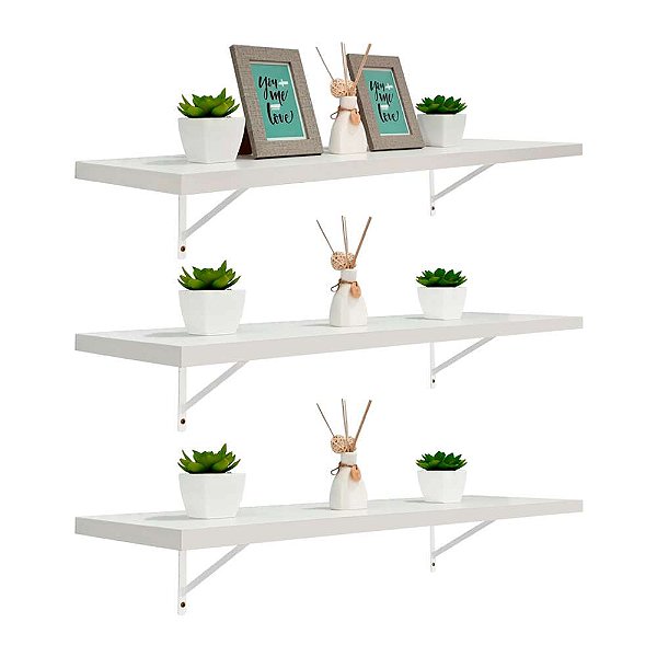 Kit 3 Prateleiras 70 x 25cm Branco Espessura 25mm Mão Francesa